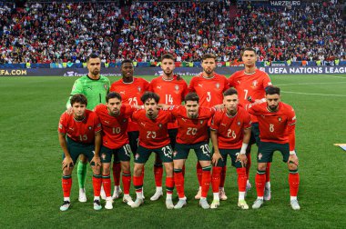 MUNICH, GERMANY - 8 Haziran 2025: Takım fotoğrafı - 2025 UEFA Uluslar Ligi final maçı Allianz Arena 'da İspanya' ya karşı. 