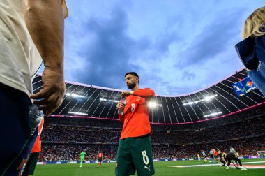 MUNICH, GERMANY - 8 Haziran 2025: Bruno Fernandes - UEFA Milletler Ligi 2025, Allianz Arena 'da İspanya' ya karşı. 