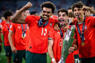MUNICH, GERMANY - 9 Haziran 2025: Renato Veiga, Pedro Neto, Joao Felix - UEFA Uluslar Ligi 2025, Allianz Arena 'da İspanya' ya karşı. 