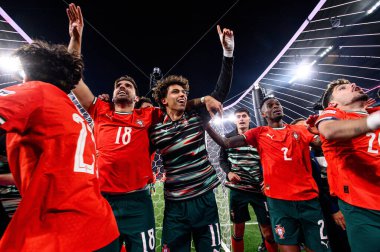 MUNICH, GERMANY - 8 Haziran 2025: Ruben Neves, Joao Felix, Nelson Semedo - UEFA Uluslar Ligi 2025, Allianz Arena 'da İspanya' ya karşı. 