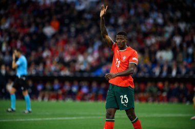 MUNICH, GERMANY - 8 Haziran 2025: Nuno Mendes - UEFA Uluslar Ligi 2025, Allianz Arena 'da İspanya' ya karşı. 