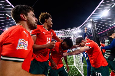 MUNICH, GERMANY - 8 Haziran 2025: Ruben Neves, Renato Veiga, Nelson Semedo, Pedro Neto - Final maçı UEFA Uluslar Ligi 2025 Portekiz - Allianz Arena 'da İspanya. 