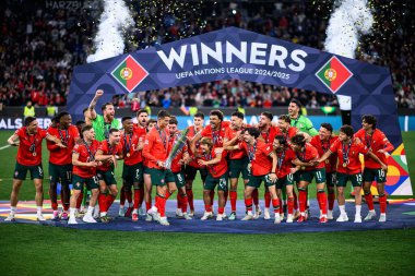 MUNICH, GERMANY - 9 Haziran 2025: Kazananlar - UEFA Uluslar Ligi 2025, Allianz Arena 'da İspanya' ya karşı. 