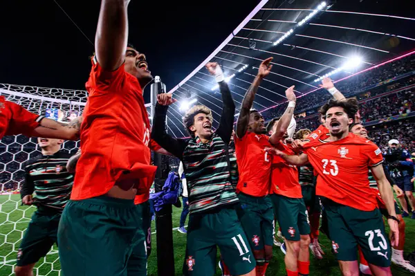 MUNICH, GERMANY - 8 Haziran 2025: Joao Felix, Vitinha, Ruben Neves, Nelson Semedo - UEFA Uluslar Ligi 2025 Portekiz, Allianz Arena 'da İspanya' ya karşı. 