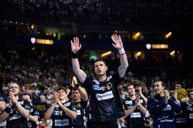 COLOGNE, GERMANY - 14 HAZİRAN 2025: Mijajlo Marsenic - Kamyon Öncüsü 24 EHF Finali FINAL4 Fuchse Berlin 'e karşı Lanxess Arena' da HBC Nantes.