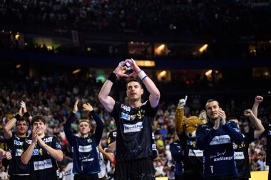 COLOGNE, GERMANY - 14 HAZİRAN 2025: Mijajlo Marsenic - Kamyon Öncüsü 24 EHF Finali FINAL4 Fuchse Berlin 'e karşı Lanxess Arena' da HBC Nantes.
