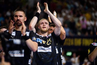 COLOGNE, GERMANY - 14 Haziran 2025: Matthes Langhoff - Kamyon İzcisi 24 EHF Finali FINAL4 Fuchse Berlin HBC Nantes 'e karşı Lanxess Arena' da.