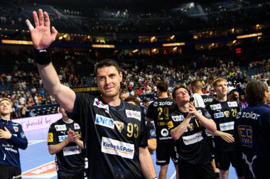 COLOGNE, GERMANY - 14 HAZİRAN 2025: Mijajlo Marsenic - Kamyon Öncüsü 24 EHF Finali FINAL4 Fuchse Berlin 'e karşı Lanxess Arena' da HBC Nantes.