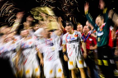 COLOGNE, GERMANY - 15 HAZİRAN 2025: Lukas Mertens - Kamyon Öncüsü 24 EHF Finali FINAL4 Fuchse Berlin, SC Magdeburg 'a karşı Lanxess Arena.