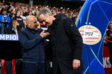 LEVERKUSEN, GERMANY - 1 OCTOBER, 2025: Peter Bosz, Kasper Hjulmand - The UEFA Champions League football match between Bayer 04 Leverkusen vs PSV Eindhoven at BayArena.