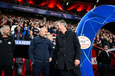 LEVERKUSEN, GERMANY - 1 OCTOBER, 2025: Peter Bosz, Kasper Hjulmand - The UEFA Champions League football match between Bayer 04 Leverkusen vs PSV Eindhoven at BayArena.