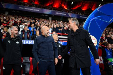LEVERKUSEN, GERMANY - 1 OCTOBER, 2025: Peter Bosz, Kasper Hjulmand - The UEFA Champions League football match between Bayer 04 Leverkusen vs PSV Eindhoven at BayArena.