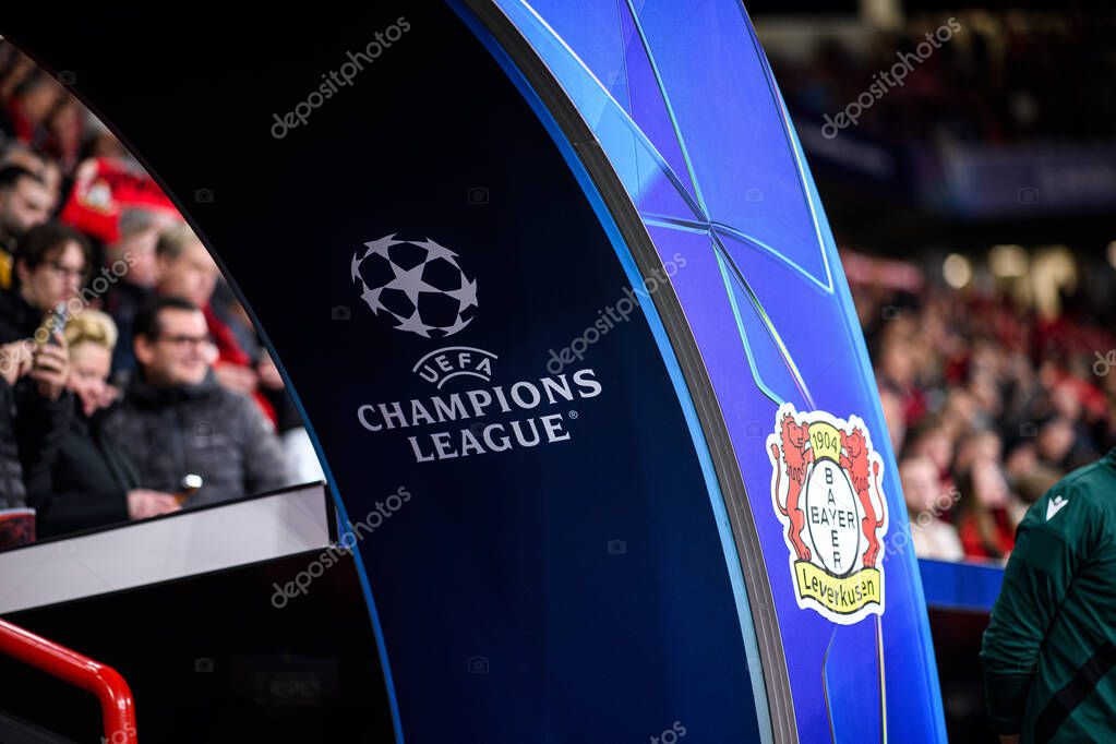 LEVERKUSEN, GERMANY - 1 OCTOBER, 2025: Logo cub, logo tournament - The UEFA Champions League football match between Bayer 04 Leverkusen vs PSV Eindhoven at BayArena.