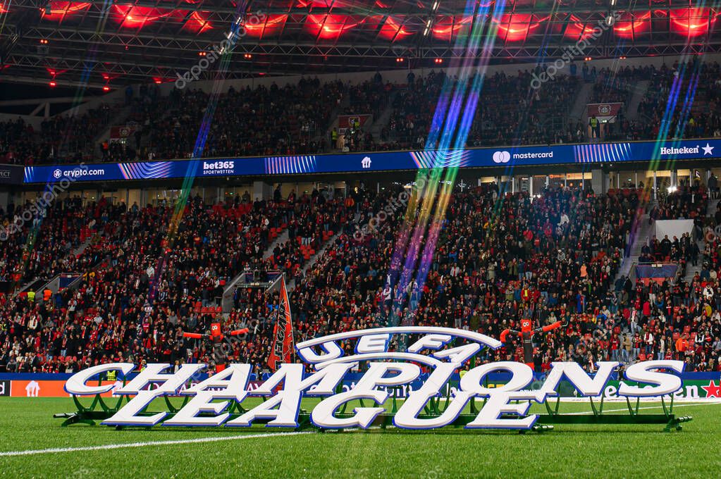 LEVERKUSEN, GERMANY - 1 OCTOBER, 2025: Logo - The UEFA Champions League football match between Bayer 04 Leverkusen vs PSV Eindhoven at BayArena.
