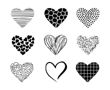 Vector Hearts Doodle Set. Aşk Sembolü Koleksiyonu beyaza izole edildi. Sevgililer Günü Çizim Şekilleri.