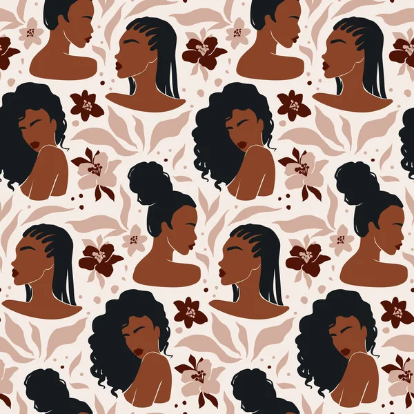 Afro American Woman Vector Seamless Pattern Beautiful Girls Dark Skin — Stock Vector