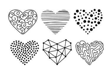 Vector Hearts Doodle Set. Aşk Sembolü Koleksiyonu beyaza izole edildi. Sevgililer Günü Çizim Şekilleri.