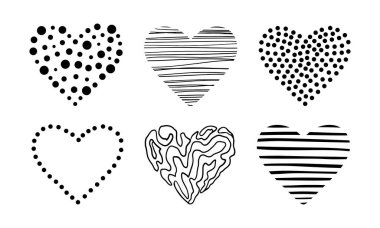 Vector Hearts Doodle Set. Aşk Sembolü Koleksiyonu beyaza izole edildi. Sevgililer Günü Çizim Şekilleri.