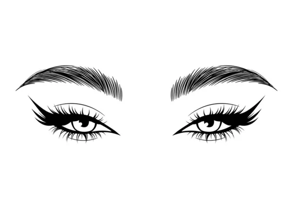 Vector Hand Drawn Beautiful Female Eyes Long Black Eyelashes Brows — Stock Vector