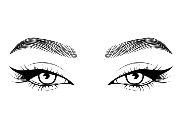 Wektor Ręcznie Narysowane Piękne Kobiece Oczy Długimi Czarnymi Rzęsami Brwi — Wektor stockowy