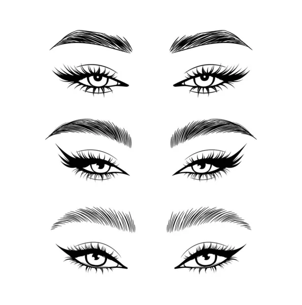 Vector Establece Hermosos Ojos Femeninos Con Largas Pestañas Negras Cejas — Vector de stock