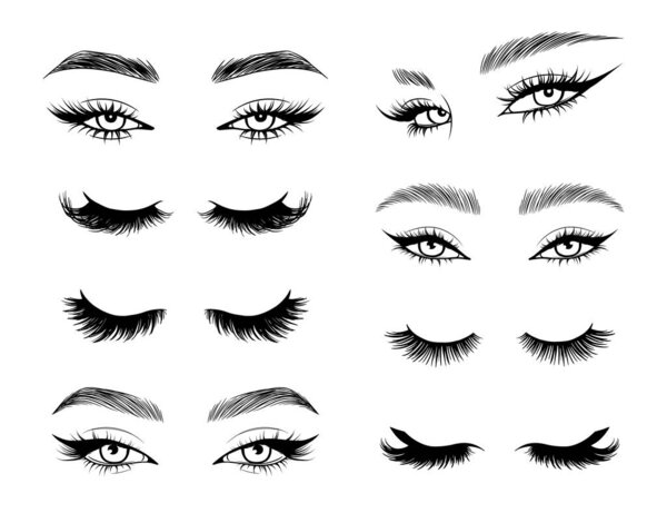 Vector set beautiful female eyes with long black eyelashes and brows close up. Makeup, beauty salon symbol.