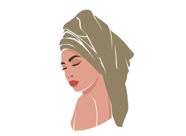 Young Woman Towel Her Head Modern Vector Illustration Close Beautiful — Stock Vector