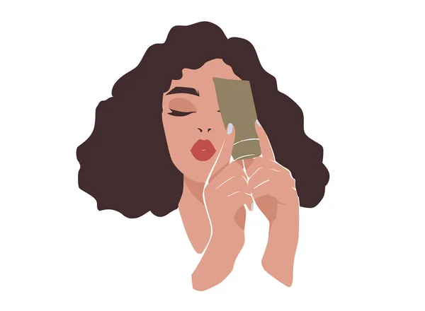 Woman Curly Hair Holding Facial Cream Modern Minimalist Vector Illustration — Stock Vector