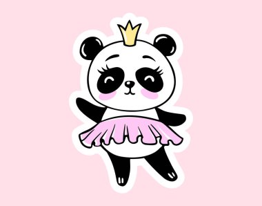 Vector Panda Prensesi Veliaht ve Pembe Elbiseli. Şirin Bebek Hayvanlar Çizimi. Kawaii Çocuk Yazıcıları, Çocuk Yuvası için Eğlenceli Poster