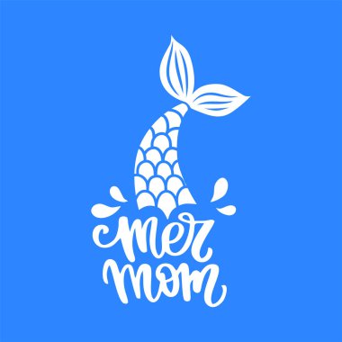 Mermom Harfli Denizkızı Kuyruğu Silueti Vektör İllüzyonu. Mavi Arkaplanda Yaz Okyanusu Baskısı.