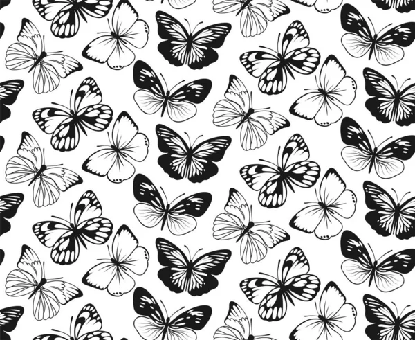 Schmetterling Nahtloses Muster Dekorative Fliege Insekt Hintergrund Schwarz Weiße Botanische — Stockvektor