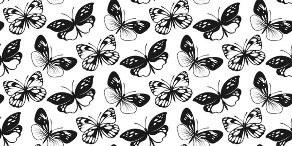 Безшовний Візерунок Метелика Декоративний Фон Комах Мухи Чорно Біла Ботанічна — стоковий вектор