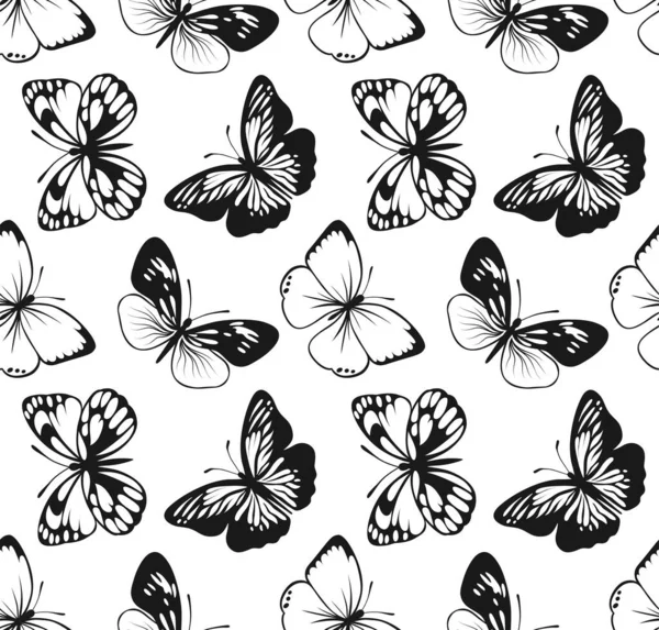 Vlinder Naadloos Patroon Decoratieve Fly Insect Achtergrond Zwart Wit Plantaardig — Stockvector