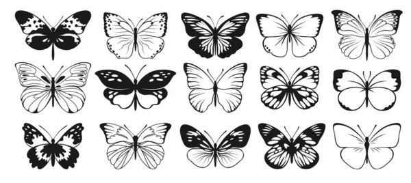Butterfly Vector Silhouettes Dekorativní Sbírka Hmyzu Okřídlená Zvířata Ilustrace Izolované — Stockový vektor