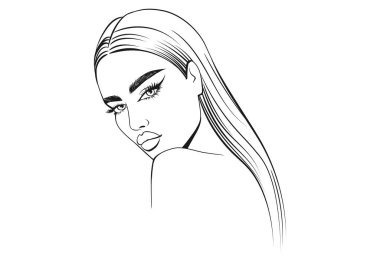 Kadın Vektör İllüstrasyonu. Uzun saçlı güzel bir kız. El Çekimi Kadın Güzellik Yüzü. Genç ve güzel bayan. Çekici Moda Modeli.