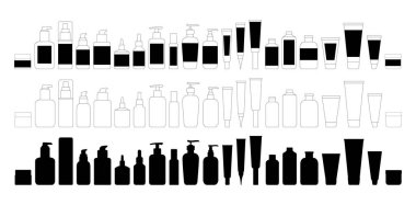 Vector Cosmetic Bottle Flat Tube Cream Lotion Serum Silhouette Line Collection. Skincare Beauty Icons Set. clipart