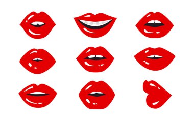 Kırmızı Dudak Vektörü ayarlandı. Gülümse Öpücük Seksi Ağız. Beyaz Arkaplanda İzole Edilmiş Güzel Kadın Resimleri.