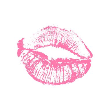 Parlak pembe ruj izi. Beyaz arka planda şehvetli bir kadın dudağı izi var. Büzüşmüş dudaklar kalın bir iz bırakır, güzellik ve moda görselleri için mükemmeldir..