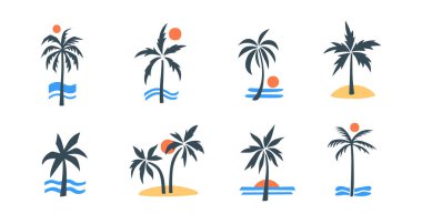 Düz stil Palm Tree Simgesi. Okyanus, Güneş ve Ada Titreşimli Minimal Yaz Elementleri. Seyahat Tasarımı, Tropikal Posterler ya da Plaj Temalı Projeler İçin Harika.