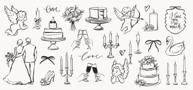 Coquette Wedding Doodle Set in Whimsical Vintage Style. Romantik Tasarımlar için Pastalar, Mumlar, Melekler ve Aşk Konulu Elementler, Parti Dekorasyonu veya Bekar Davetiyeleri içerir.