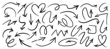 Ok Fırçası Tebeşir ve Boya Stili. Sketchy Notları, Eğlenceli Işıklar veya Grafik Tasarım Projeleri İçin Sert Dokuya sahip El Çizimi Vektör Okları ve Karalama Çizgileri.