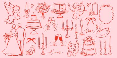 Coquette Wedding Doodle Set in Whimsical Vintage Style. Romantik Tasarımlar için Pastalar, Mumlar, Melekler ve Aşk Konulu Elementler, Parti Dekorasyonu veya Bekar Davetiyeleri içerir.