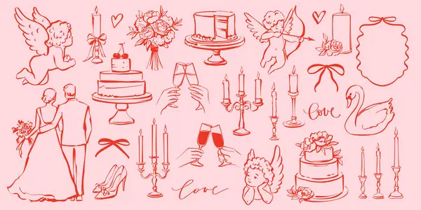 Coquette Wedding Doodle Set in Whimsical Vintage Style. Romantik Tasarımlar için Pastalar, Mumlar, Melekler ve Aşk Konulu Elementler, Parti Dekorasyonu veya Bekar Davetiyeleri içerir.