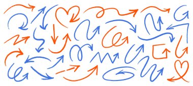 Ok Fırçası Tebeşir ve Boya Stili. Sketchy Notları, Eğlenceli Işıklar veya Grafik Tasarım Projeleri İçin Sert Dokuya sahip El Çizimi Vektör Okları ve Karalama Çizgileri.