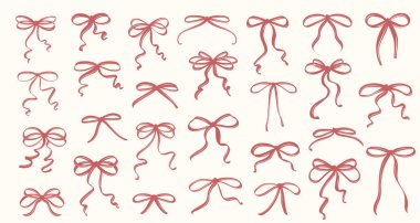 Klasik Coquette Red Fiws in Hand-Drawn Whimsical Style Ribbon Set, Sweet Flirtatious Bow Clipart Collection Hediye Illustration veya Retro Vector Design.