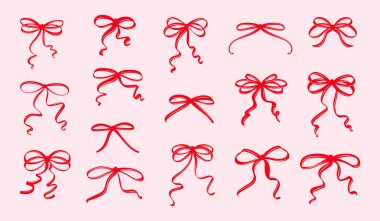 Klasik Coquette Red Fiws in Hand-Drawn Whimsical Style Ribbon Set, Sweet Flirtatious Bow Clipart Collection Hediye Illustration veya Retro Vector Design.