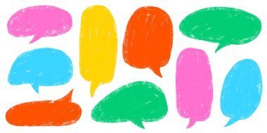 Pastel Tebeşir Tarzı ile Pastel Konuşma Baloncukları. Konuşmak için el çizimi metin çerçeveleri ya da çizgi roman tasarımı. Renkli çocuksu Doodle Bulutu Kabarcık Kutuları Beyaz Arkaplanda Ayarlandı.