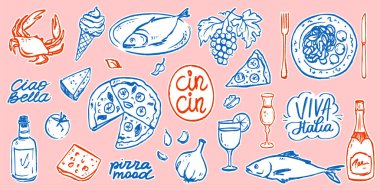 Antika yaz atmosferli tuhaf İtalyan yemekleri. Tabakta makarna, şarap şişesi ve sahil cazibesiyle pizza dilimleri. Cafe Menü ya da Mutfak Dekorasyonu için mükemmel.