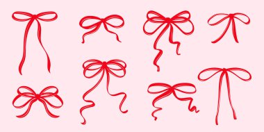 Klasik Coquette Red Fiws in Hand-Drawn Whimsical Style Ribbon Set, Sweet Flirtatious Bow Clipart Collection Hediye Illustration veya Retro Vector Design.