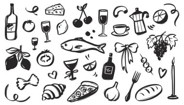 Coquette italyan yemeği ve klasik yaz havası. Limonlu makarna, kiraz, şarap şişesi ve kıyı cazibesiyle pizza dilimleri. Cafe Menü ya da Mutfak Dekorasyonu için mükemmel.